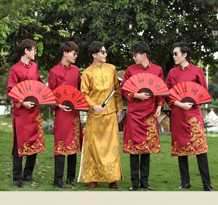 中式伴郎服出租大码唐装个性创意兄弟装结婚礼服中国风马褂长袍
