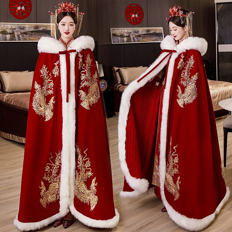 出租秀禾服披风冬季中式婚礼新娘结婚毛披肩斗篷加厚毛领汉服租赁