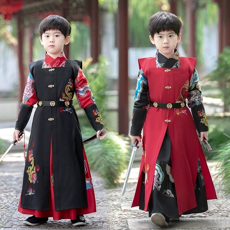 出租儿童明制古装汉服锦衣卫飞鱼服侠客风男孩古风舞台演出服租赁