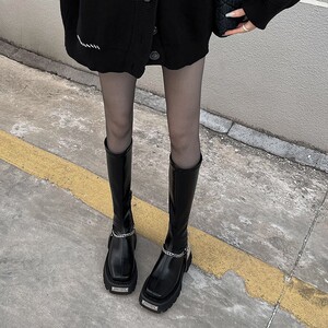 设计感 ins小众~法式超火长筒靴女2023新款英伦风厚底高筒骑士靴