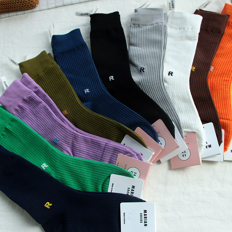 韩国东大门四季纯棉女袜子简约文艺字母R糖果白彩色中筒堆堆长袜