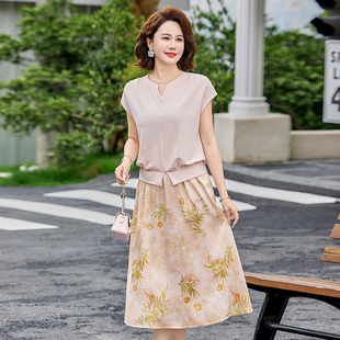 时尚妈妈夏装洋气T恤半身裙子套装中老年女士气质休闲上衣两件套