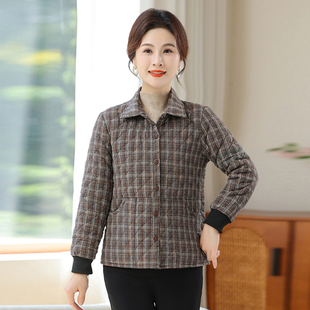 棉衣中老年人短款 款 棉服 秋冬外套女轻薄小棉袄夹棉格子衬衫 妈妈装