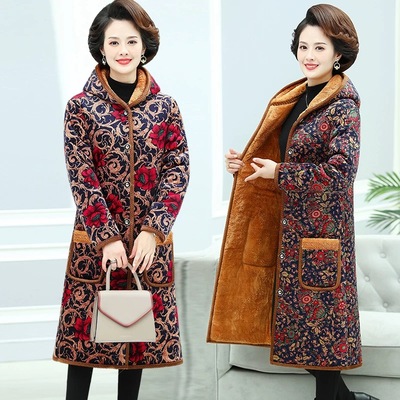 很厚实妈妈装冬装加绒加厚保暖棉衣外套休闲连帽过膝长款花棉袄子