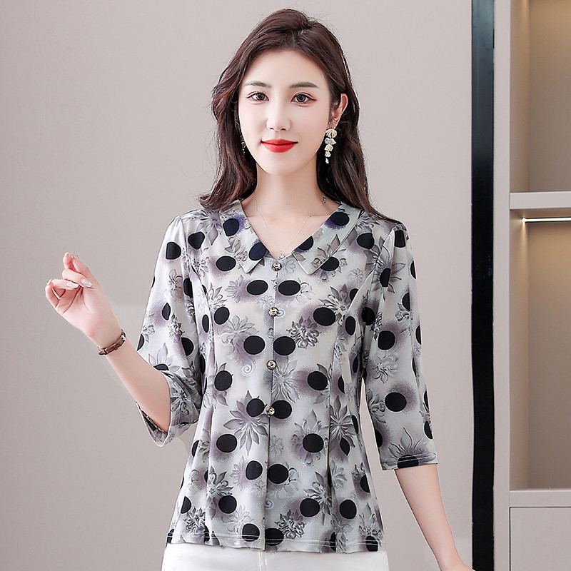 2026中老年女装印花半袖T恤夏季新款妈妈装翻领显瘦休闲上衣小衫