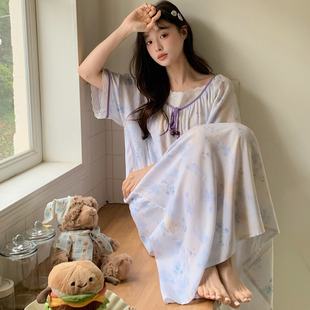 韩版甜美可爱短袖睡裙女夏季棉绸可外穿宽松睡衣绵绸裙家居服国风