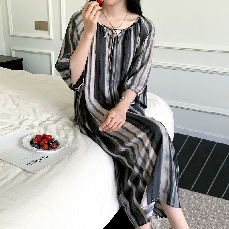 棉绸小个子简约风女夏季薄款短袖睡裙国风可爱条纹宽松绵绸家居服