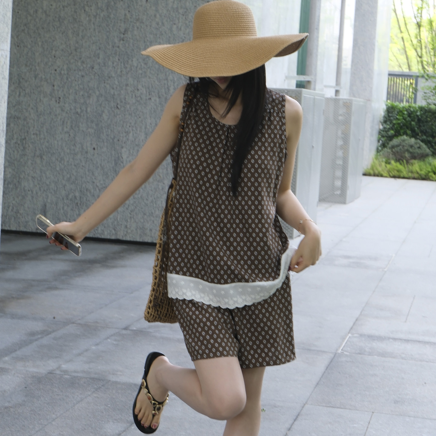 夏季棉绸带胸垫防凸点女睡衣套装图片