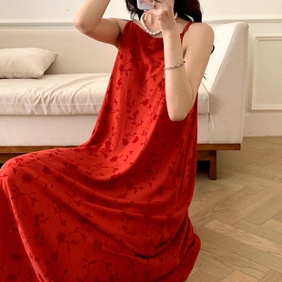 夏天睡裙女高级感国风扎染明艳红吊带家居服睡衣可外穿棉绸连衣裙
