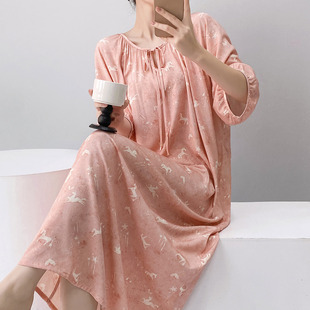 2026新款棉绸睡裙女夏短袖睡衣卡通小马元素长款宽松可外穿绵绸裙