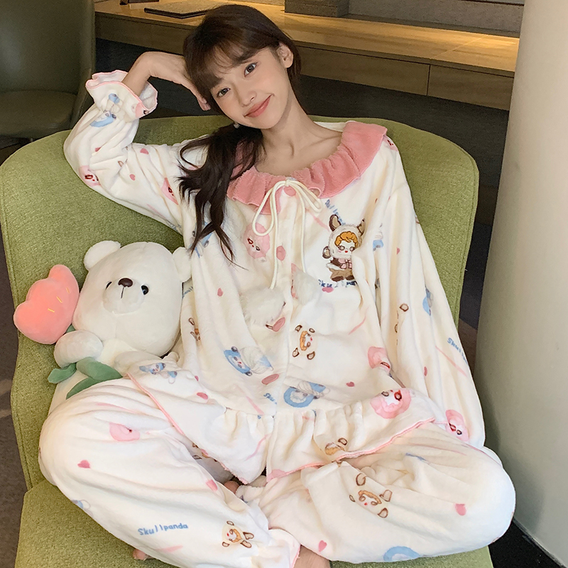 公主风卡通印花睡衣女法兰绒甜美可爱少女家居服套装2025开衫长袖