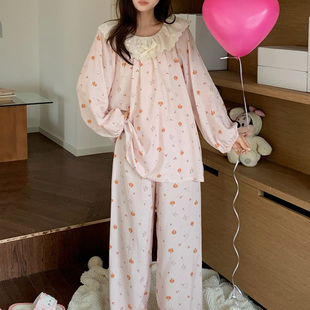 韩版甜美少女绵绸睡衣女长袖花边可爱家居服可外穿人造棉套装薄款