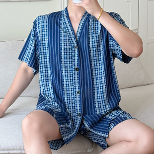 蓝色条纹短袖开衫家居服套装男女夏季薄款可外穿度假风棉绸加大码