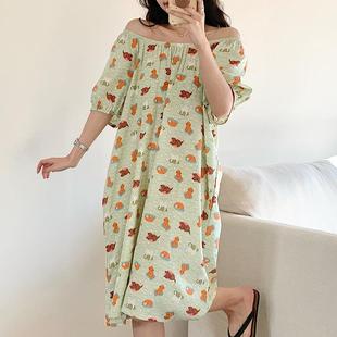 绿色清新少女春夏天睡裙女卡通可爱小狗印花一字领两穿棉绸睡衣薄