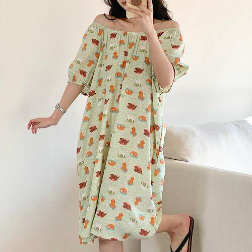绿色清新少女卡通可爱小狗睡裙