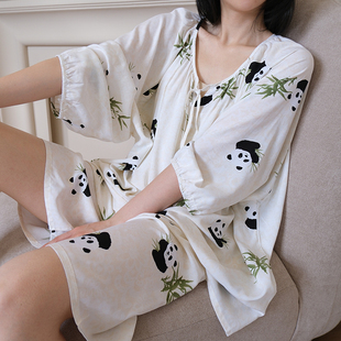 熊猫卡通棉绸睡衣女春夏季 宽松人造棉家居服带内衬防凸点套装 大码