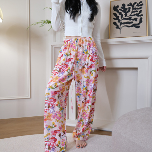 女夏季 长裤 薄款 可外穿日系少女口袋遛弯裤 棉绸卡通家居裤 系带睡裤