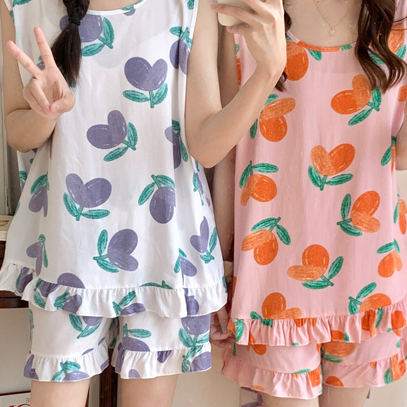 美背睡衣女夏季闺蜜款大码绵绸套装甜美学生姐妹装无袖棉绸家居服