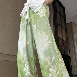慵懒风双边口袋印花阔腿裤女夏季薄款宽松长裤家居裤可外穿凉凉裤