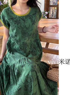 新中式国风绿色花卉睡裙女夏短袖宽松气质复古可外穿绵绸裙加大码