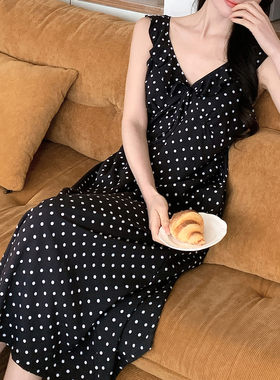 夏季甜美黑波点棉绸睡裙防凸点