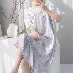 短袖棉绸睡裙女夏日系少女小清新碎花可外穿家居服软萌韩版绵绸裙