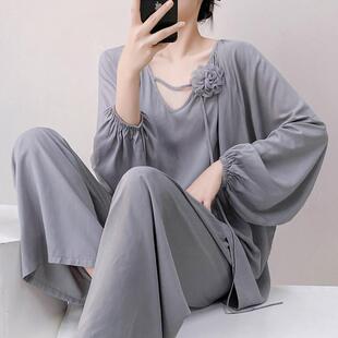 新中式国风简约棉绸睡衣女春秋季高级感长袖家居服绵绸套装夏大码