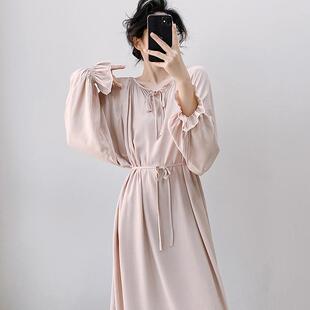 春秋绵绸长裙 慵懒风国绸睡裙女夏高级感棉绸睡衣纯色连衣裙新中式