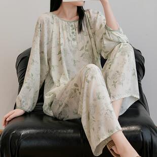 睡衣女春秋季长袖国风套装2025年新款可外穿家居服大码绵绸两件套