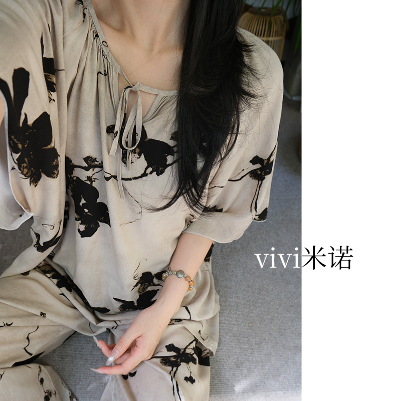 新中式国风睡衣女夏季棉绸家居服