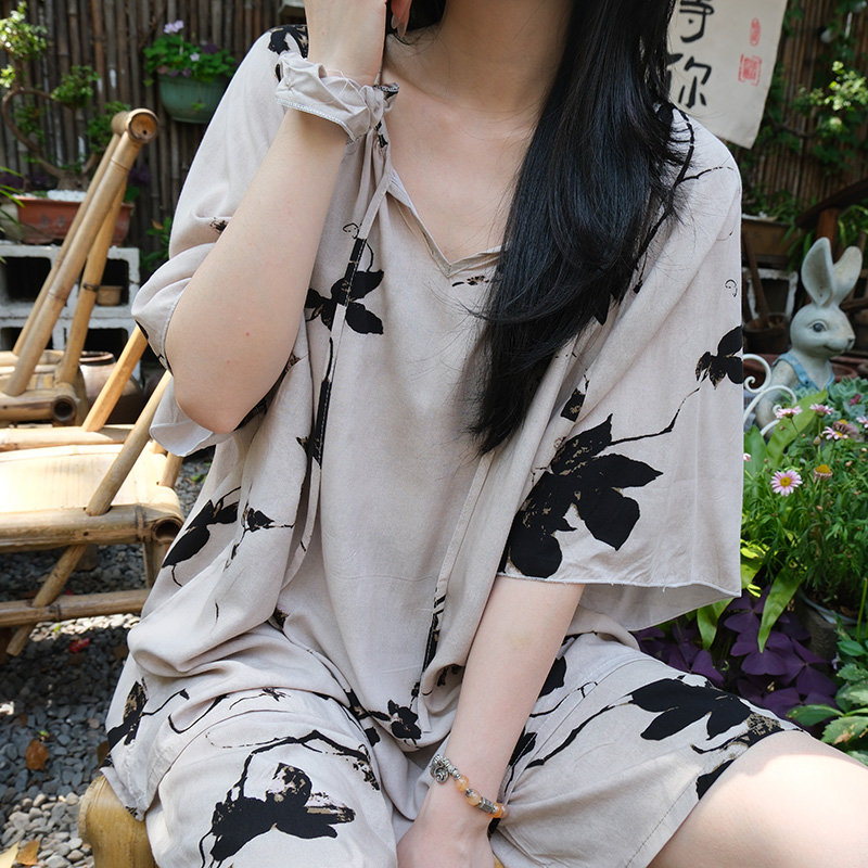 新中式国风睡衣女夏季棉绸短袖