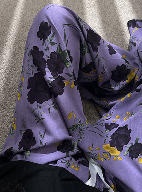 新中式国风睡裤女夏季薄款长裤阔腿裤可外穿宽松遛弯裤紫色睡裤夏