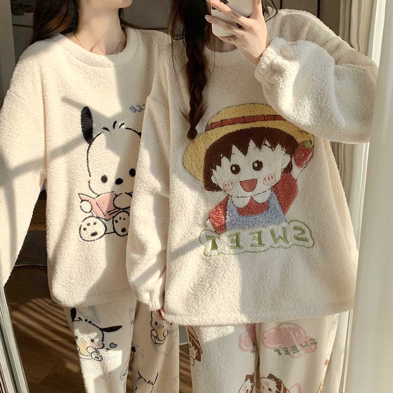 半边绒闺蜜睡衣女25秋冬法兰绒加厚卡通可爱樱桃小丸子家居服套装