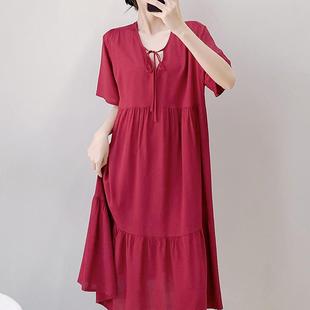 大码 新款 睡衣绵绸女款 棉绸睡裙女夏长款 家居服纯色外穿 人造棉短袖