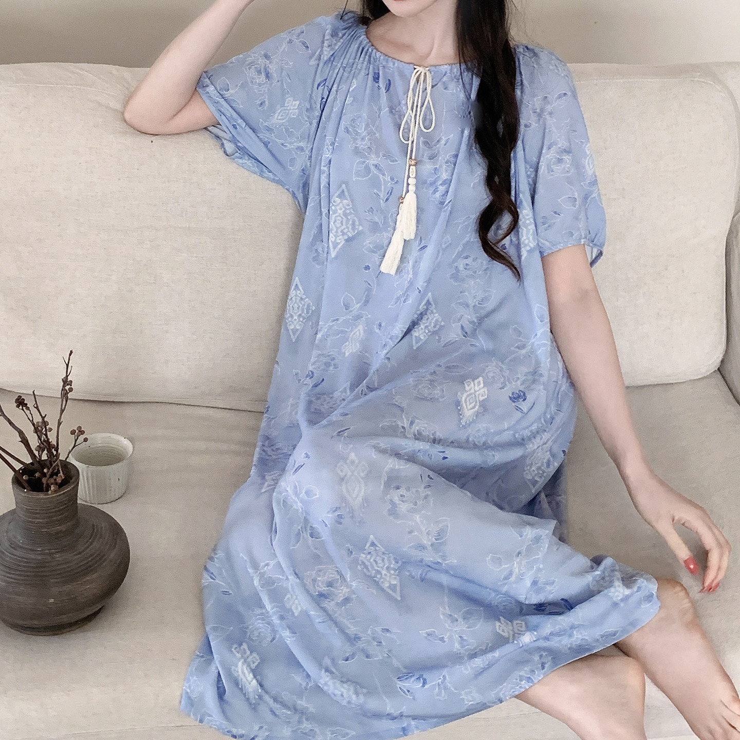 清新少女短袖植物花卉睡裙女夏季圆领中长款棉绸家居服蓝色连衣裙