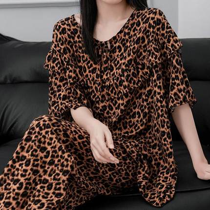 2025新款睡衣女春秋棉绸大码宽松胖MM豹纹家居服套装可外穿夏薄款