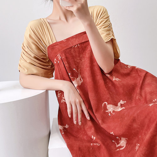 夏季薄款棉绸汉服花卉短袖睡裙