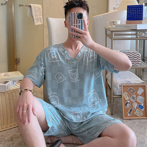 青少年短袖短裤男士V领睡衣冰丝
