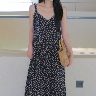 法式碎花吊带连衣裙女夏季薄款中长款小个子收腰显瘦棉绸睡裙高级