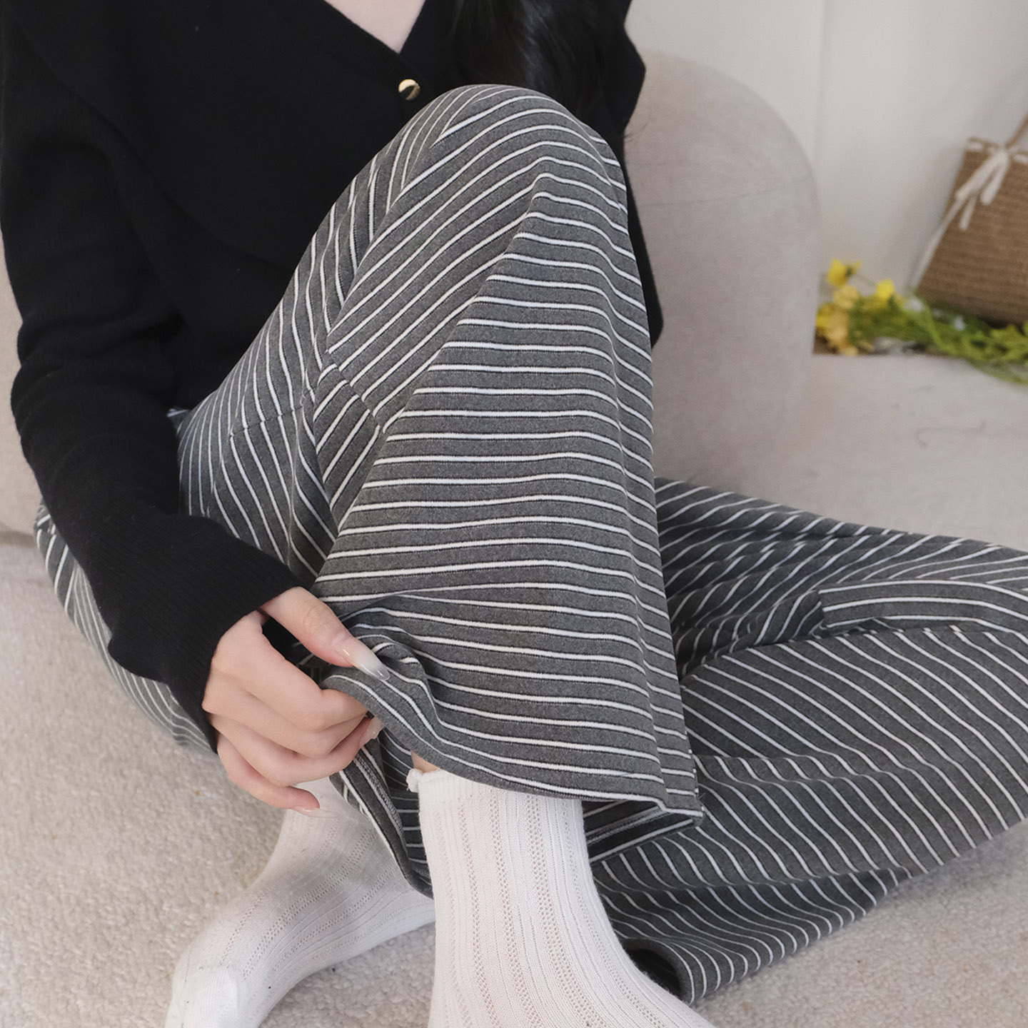 德绒睡裤女秋冬家居裤保暖加厚德绒裤长裤条纹直筒外穿软糯带口袋