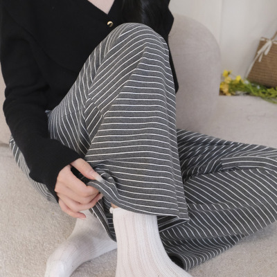德绒睡裤女秋冬家居裤保暖加厚德绒裤长裤条纹直筒外穿软糯带口袋