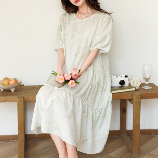 裙子 国风连衣裙可外穿家居服短袖 温柔风棉绸睡裙女夏季 圆领新中式