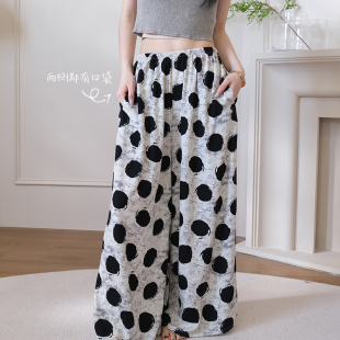 薄款 女夏季 家居裤 可外穿人造棉裤 高级感 棉绸裙裤 子波点阔腿裤 睡裤