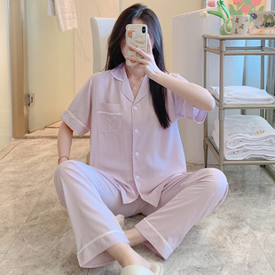 绵绸套装 短袖 可外穿人造棉家居服日系开衫 棉绸高级感女夏季 薄款