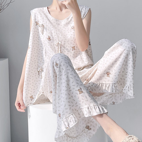 夏季棉绸带胸垫防凸点睡衣套装