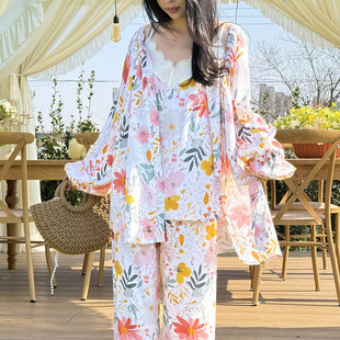 海边度假风碎花棉绸睡衣女长袖长裤套装舒适居家服可外穿人造棉薄