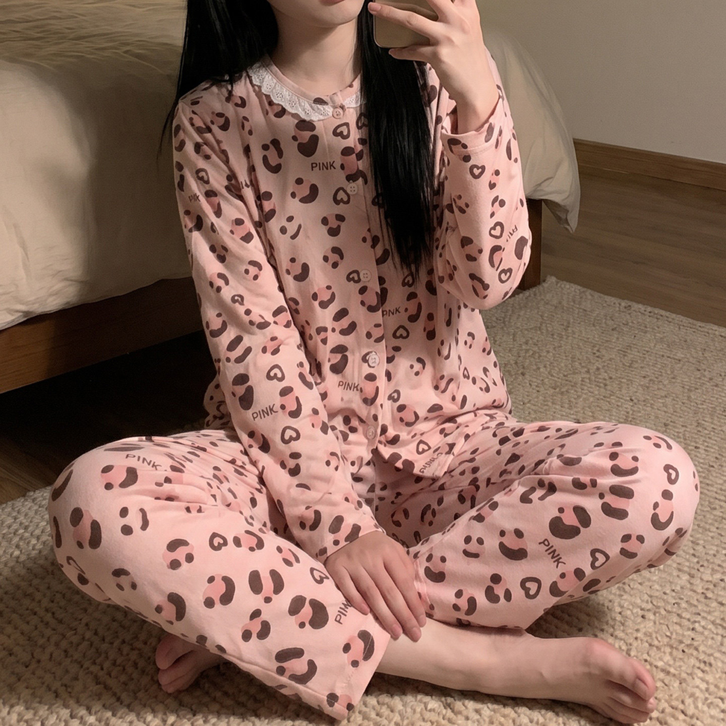 2026新款韩版豹纹爱心睡衣女德绒开衫式宽松慵懒风家居服磨毛套装