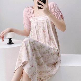唐风小碎花新款棉绸短袖睡裙女外穿绑带家居服绵绸裙子到脚踝长裙