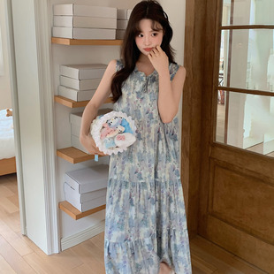 甜美碎花无袖睡裙女夏季棉绸中长款圆领家居服韩版可外穿绵绸裙薄