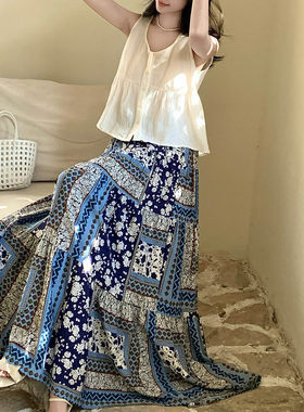 夏季棉绸印花高腰汉服半身长裙